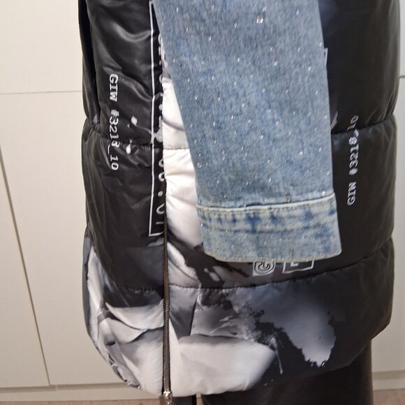 Black White Rose with Crystals Hooded Puffer Vest XL - Picture 12 of 14